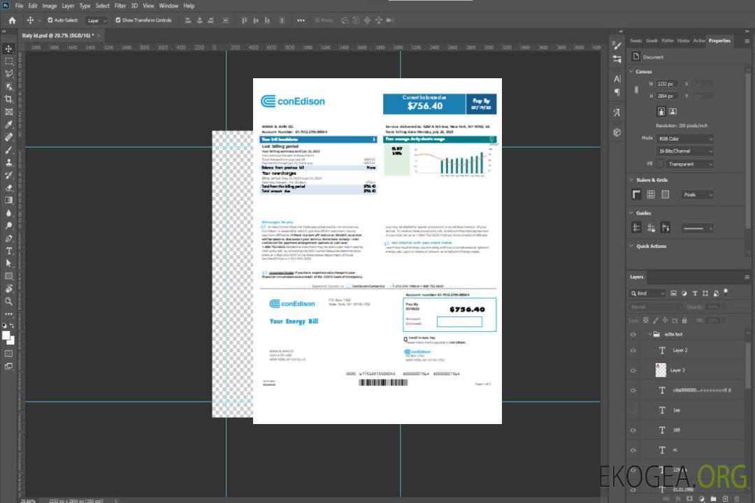 Facture commerciale de service public Con Edison, page 1, SCR template